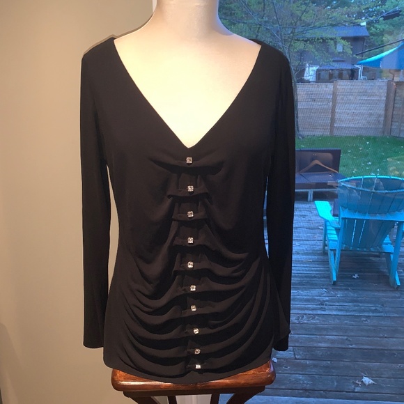 🌸Host Pick🌸 Franco Mirabelli Black Dressy Blouse W. Rhinestone Buttons Vintage - Picture 1 of 4